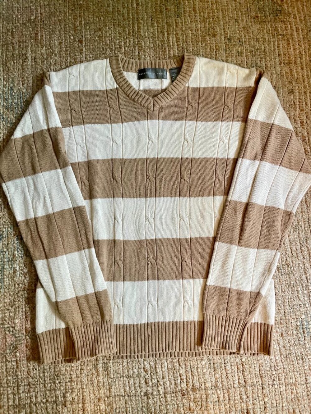 Oscar de la Renta Mens Striped Cable Knit V-Neck Sweater Brown Cream Large EUC